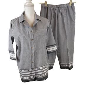 Gray & White Stripe Blouse & Capri Set Size Small Embellish